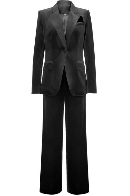 ILYNORA women's black velvet tailored pantsuit with structured blazer