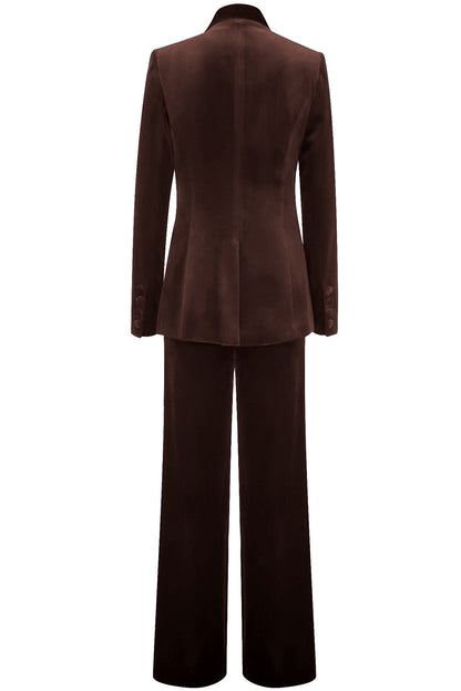 ILYNORA women's dark brown velvet tailored pantsuit back view