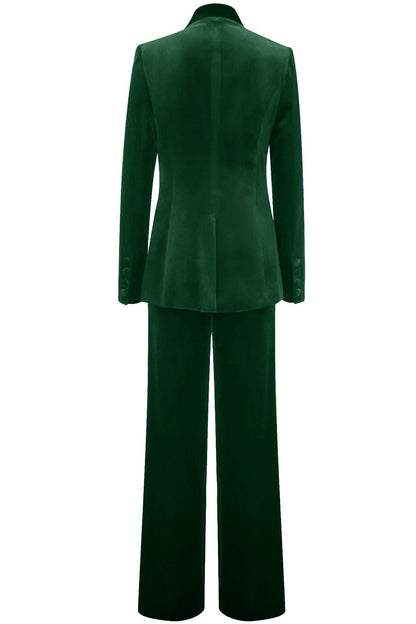 ILYNORA women's dark green velvet tailored pantsuit back view