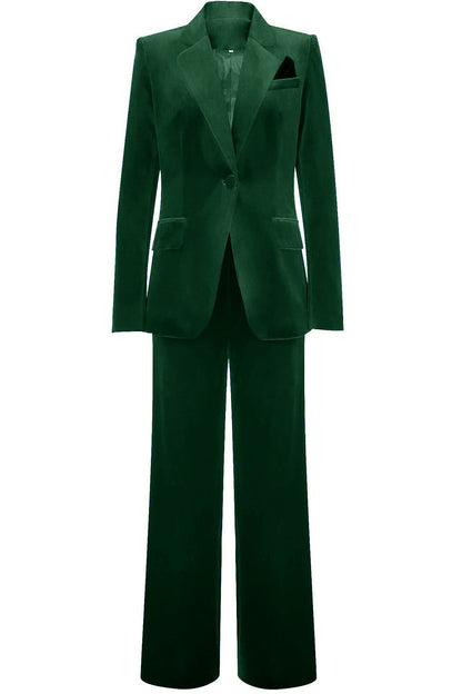 ILYNORA women's dark green velvet tailored pantsuit