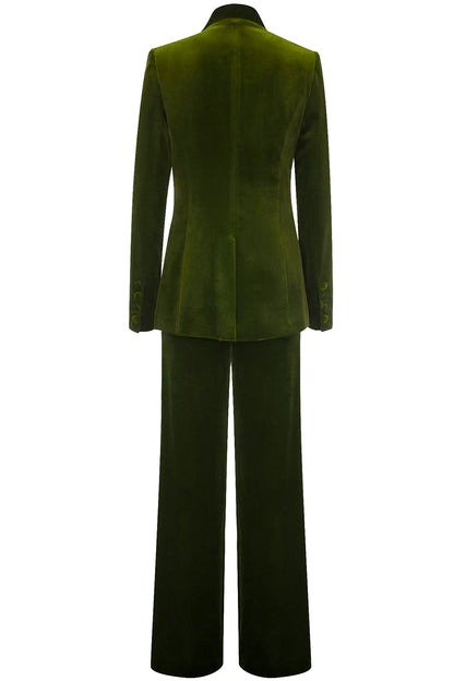 ILYNORA women's olive velvet tailored pantsuit back view