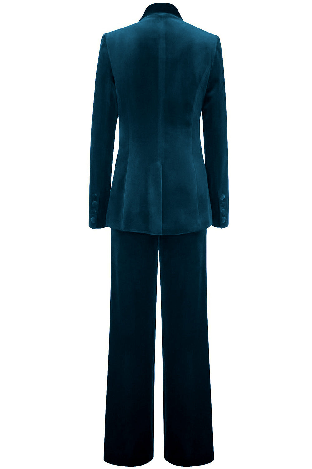 ILYNORA women's peacock blue velvet tailored pantsuit back view