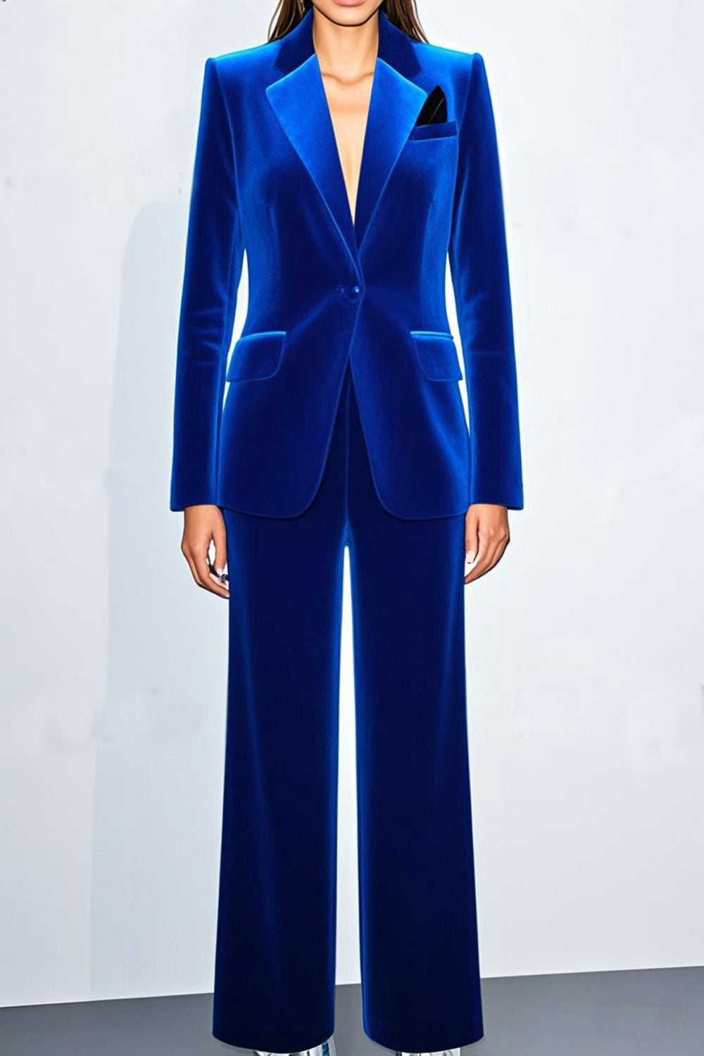 ILYNORA women's royal blue velvet tailored pantsuit worn by model