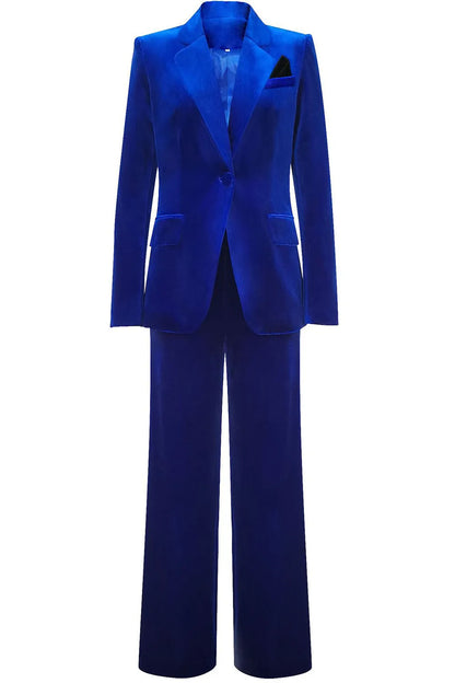 ILYNORA women's royal blue velvet tailored pantsuit with single-breasted blazer