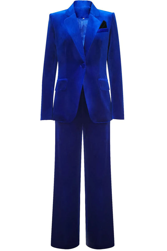 ILYNORA women's royal blue velvet tailored pantsuit with single-breasted blazer