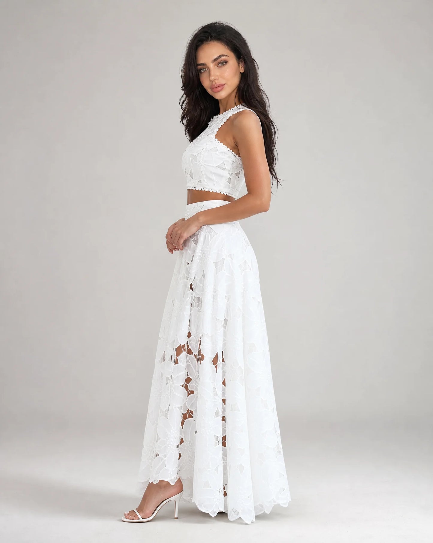 Women's White Lace Two Piece Maxi Skirt Set