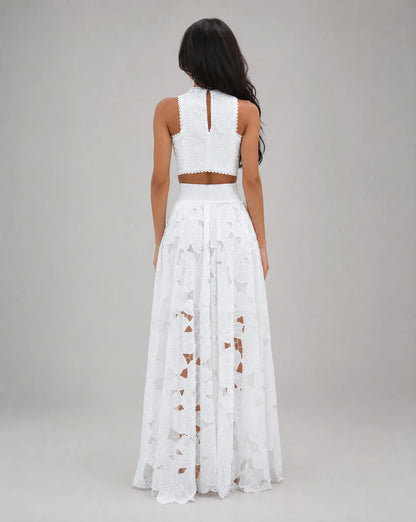 Women's White Lace Two Piece Maxi Skirt Set