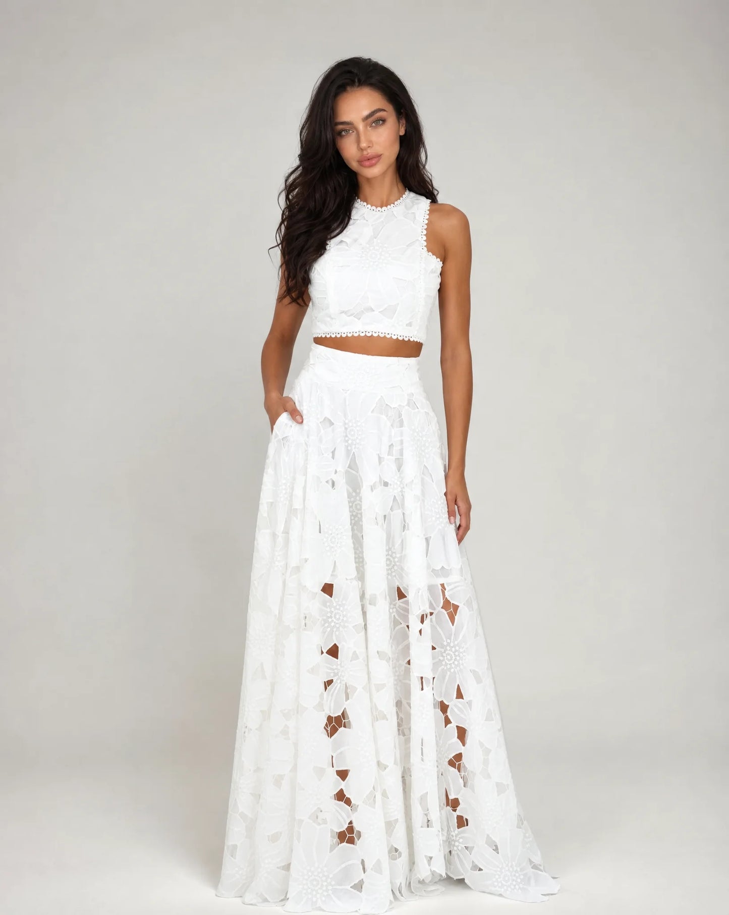 Women's White Lace Two Piece Maxi Skirt Set