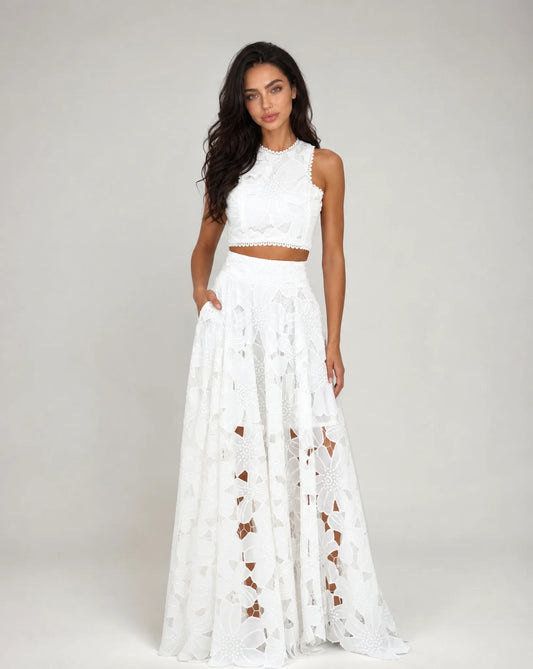 Women's White Lace Two Piece Maxi Skirt Set
